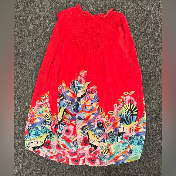 ANTHROPOLOGIE Deletta Red Smocked Floral Bird Print Epona Top Size Medium - Picture 2 of 5